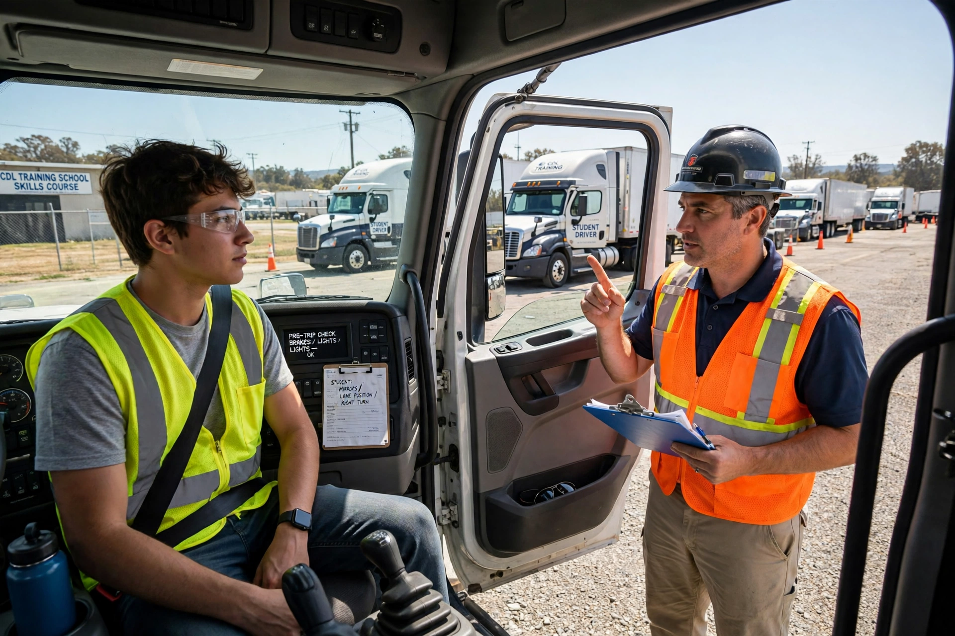 A trainee learning to drive a semi truck with a CDL instructor
