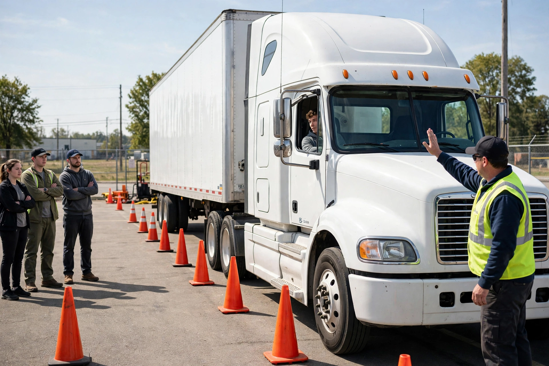 CDL trainees practicing behind-the-wheel training at a truck driving school