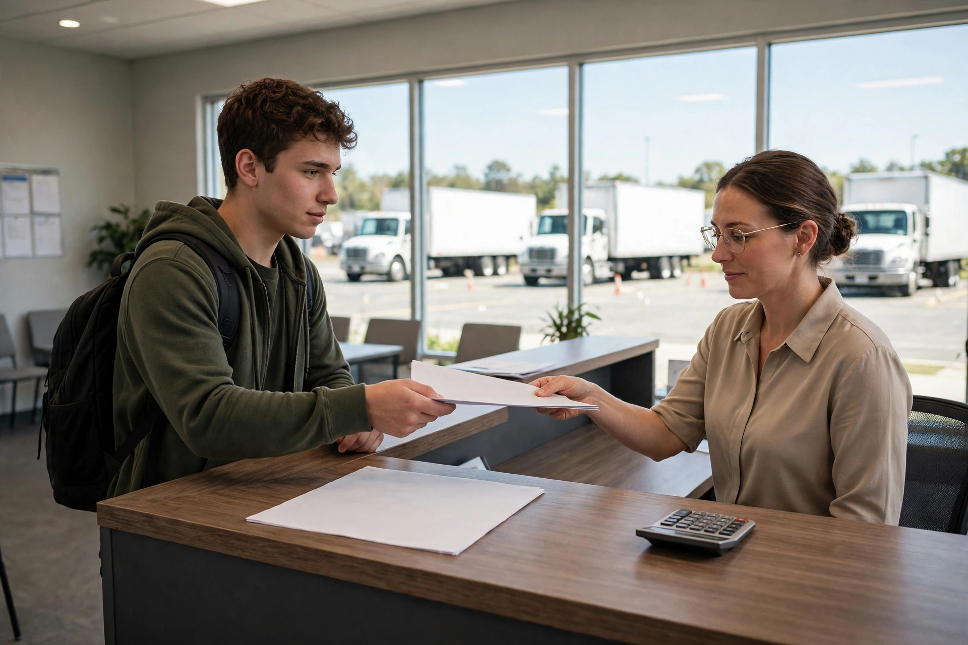 Student enrolling at a CDL school and paying the tuition and state fees
