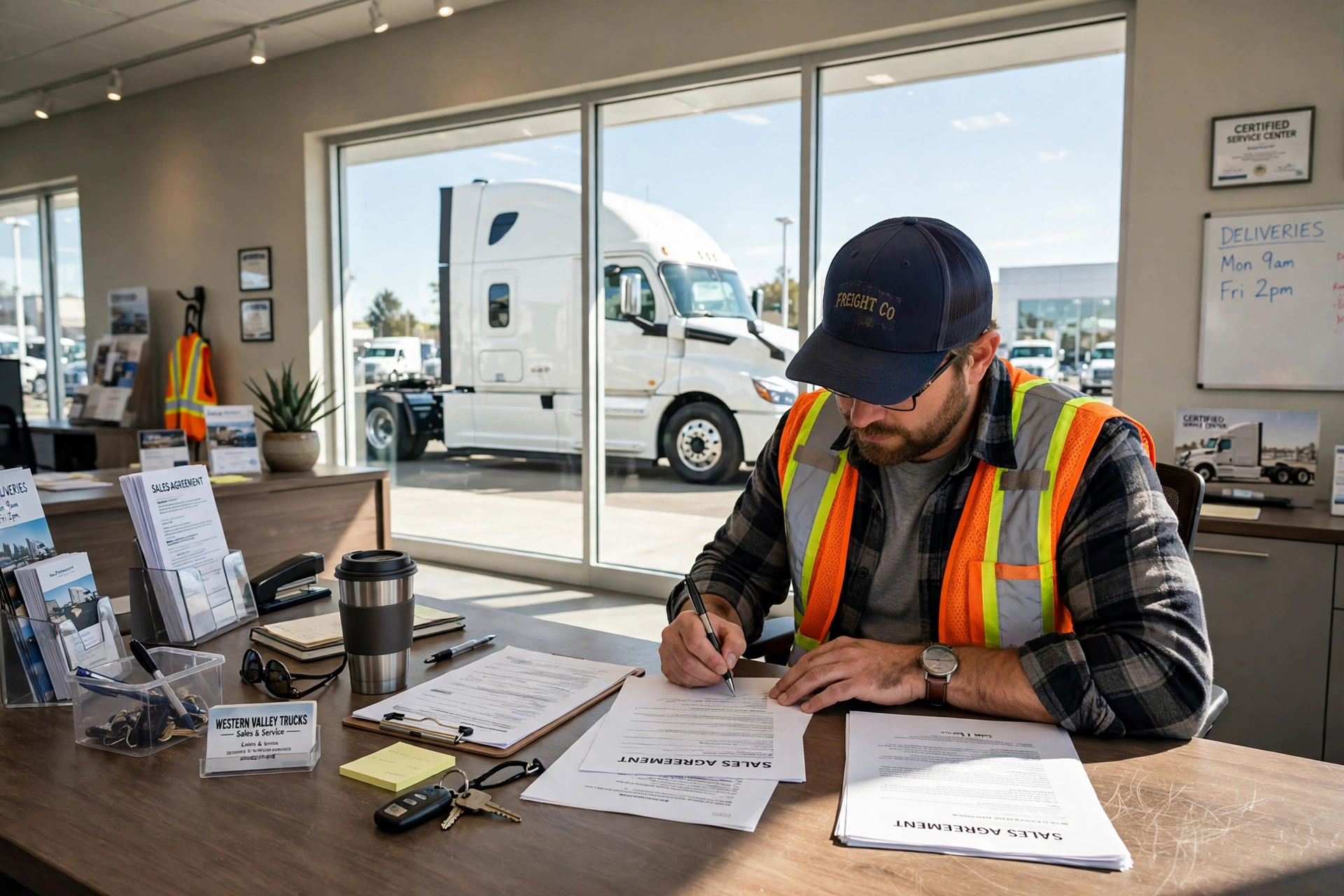 A driver signing lease paperwork for a new semi truck at a dealership