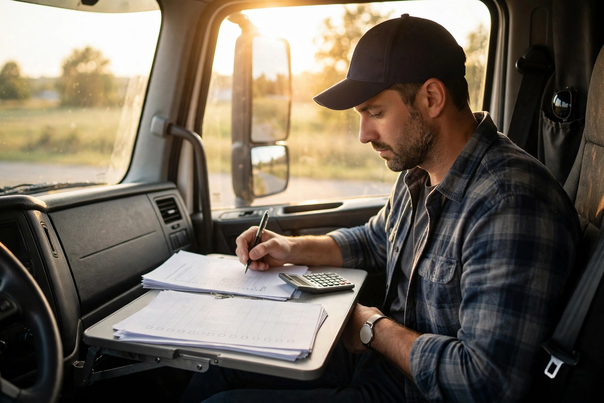 Truck driver reviewing the costs, insurance and BOC-3 requirements to get an MC number
