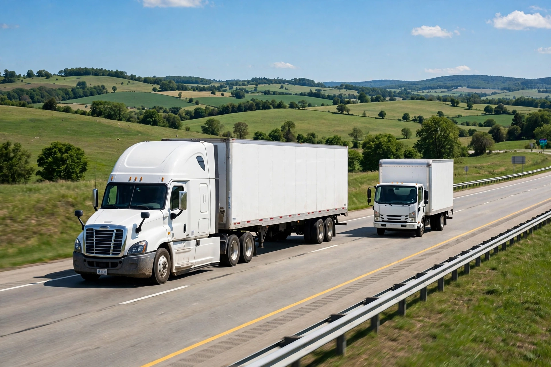 A semi truck and a straight box truck driving side by side on an interstate