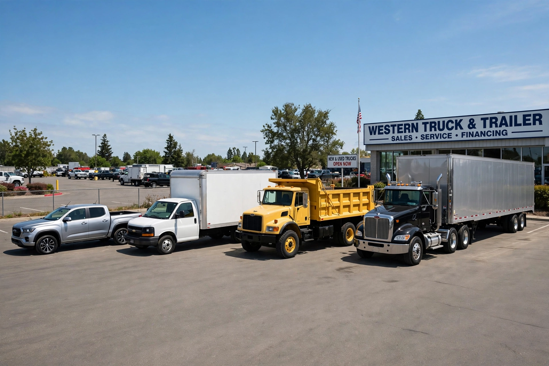 Trucks of different GVWR classes from pickup to Class 8 semi parked in a row