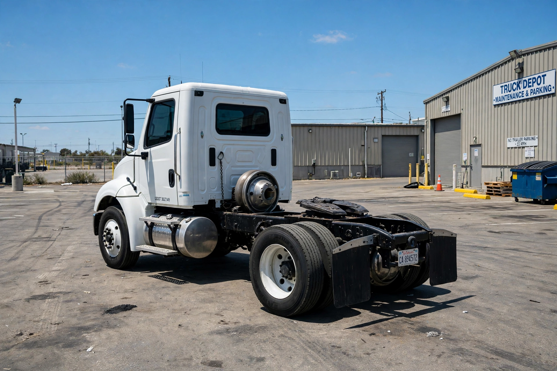 A semi truck tractor unit parked at a depot without a trailer attached